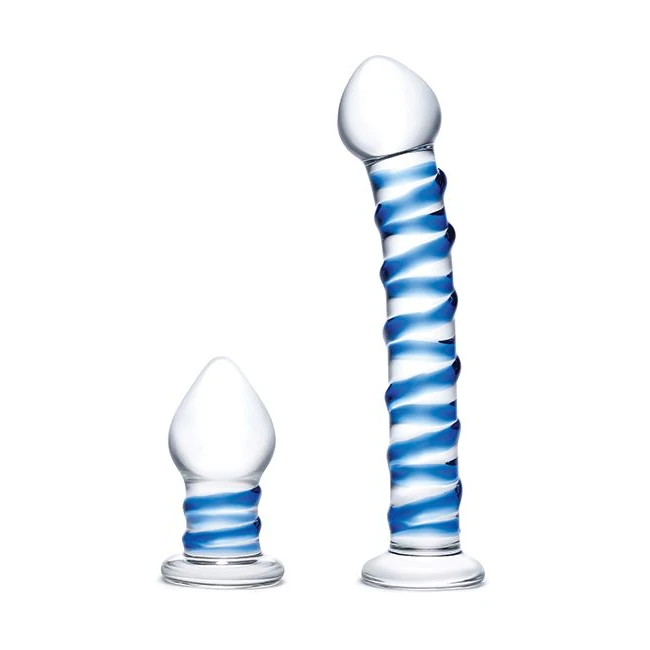 Glas 2pc Douple Penetration Glass Swirly Dildo & Butt Plug Set - Elegant Double Penetration Glass Set from Electric / Hustler Lingerie