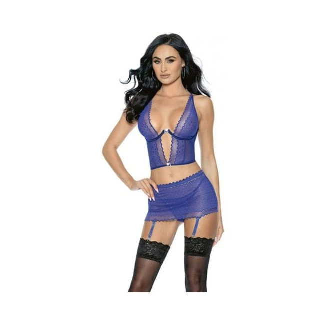 '=lace & Mesh Long Line Bra, Garter Skirt & G-string Midnight Blue - Fit &amp; Sizing