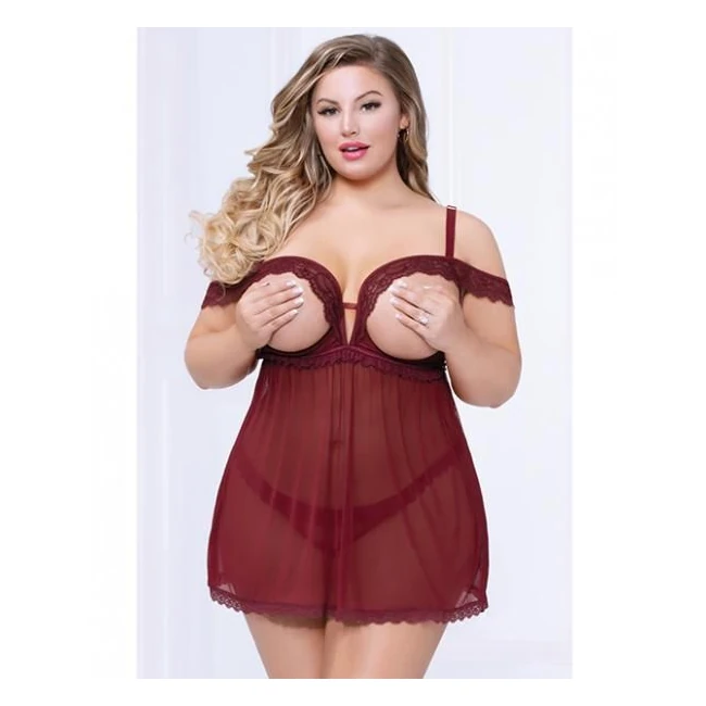 Lace & Mesh Open Cups Babydoll W/fly Away Back & Panty Wine 1x/2x - Fabric & Feel