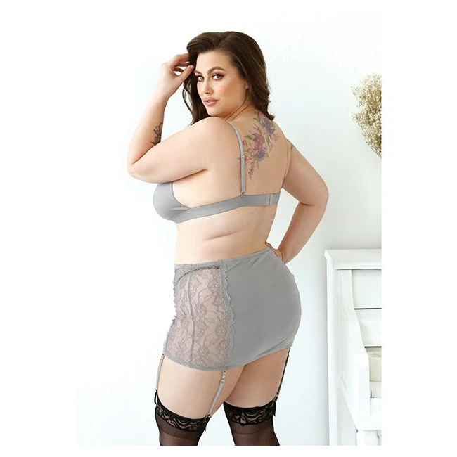 Layne Bralette Gartered Skirt & G-string Gray 1x/2x - Fabric & Feel