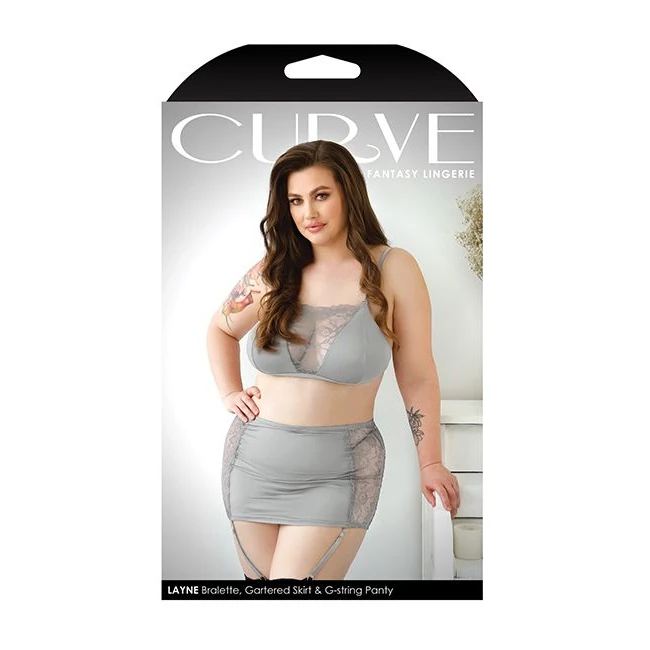 Layne Bralette Gartered Skirt & G-string Gray 1x/2x - Fit & Sizing