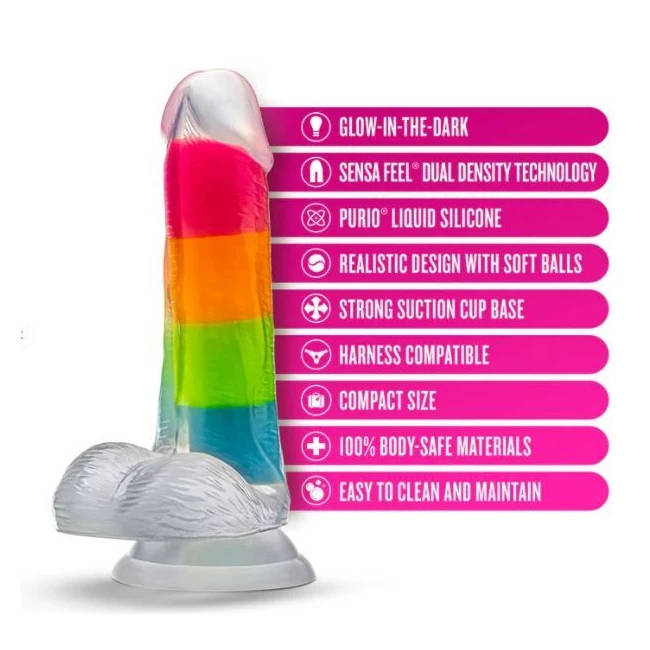 Neo Elite Glow in the Dark Rainbow Rave 6.5 Silicone Dual Density Dildo" - Shape & Texture