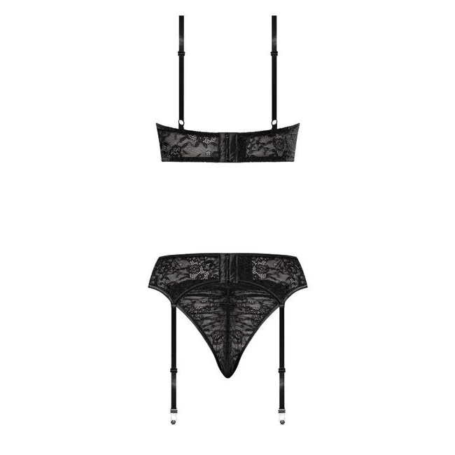 Ooh La Lace Demi Bra Garter & Tanga Black S/m - Design Details