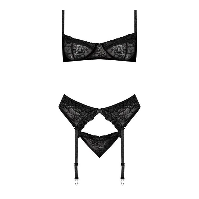 Ooh La Lace Demi Bra Garter & Tanga Black S/M - Wearing the Set Together