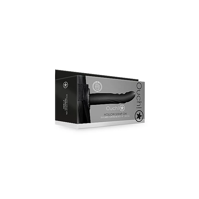Ouch! Textured Curved Hollow Strap-on 8in Black - Shape & Texture