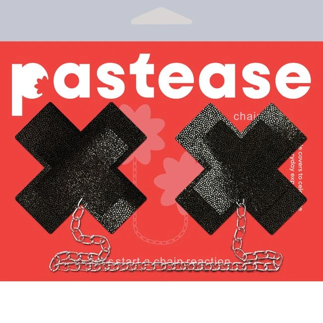 Pastease Chains Liquid Black X Cross W/ Chunky Silver Chain Nipple Pasties - Fabric & Feel