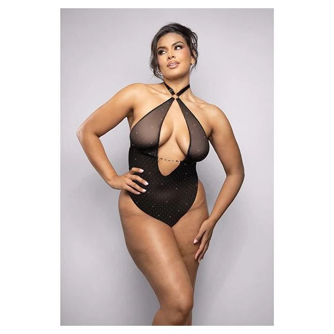 Rhinestone Mesh Halter Teddy W/jeweled Center Strap - Black 1x/2x - Fabric & Feel