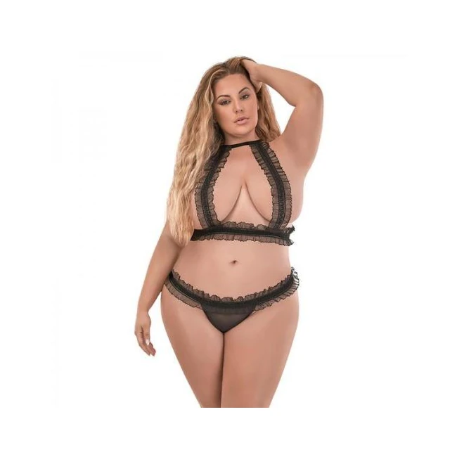 Ruffled Halter Bra & Thong Set Black 2xl - Fabric & Feel