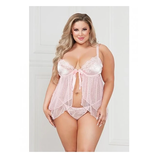 Satin Jacquard Dot Mesh Scallop Lace Babydoll & G-string Light Pink 1x/2x - Fabric & Feel