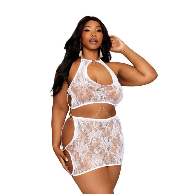 Seamless Lace Bralette & Mini Skirt Set White Q/s - Design Details