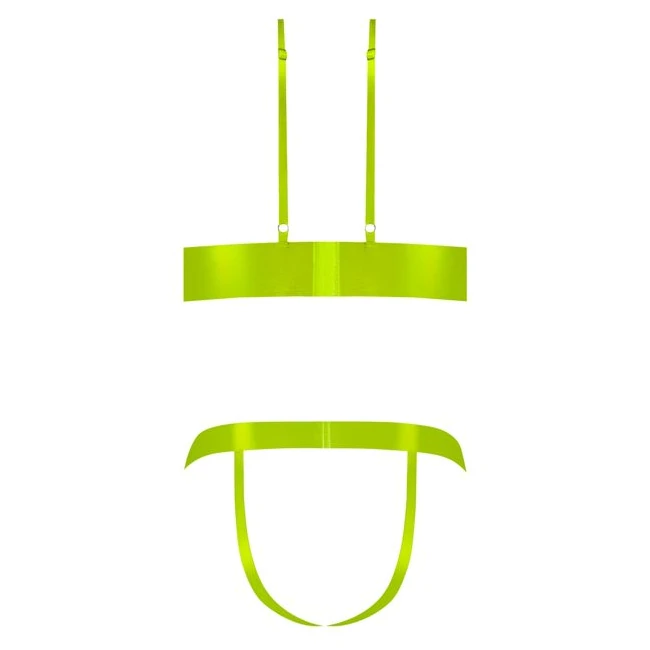 Strap Tease Bra & Crotchless Panty Neon Yellow 2xl - Fabric & Feel