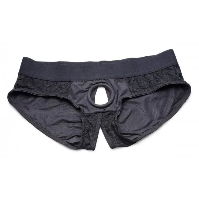 Strap U Lace Envy Crotchless Panty Harness Black X/xl - Material Feel & Care