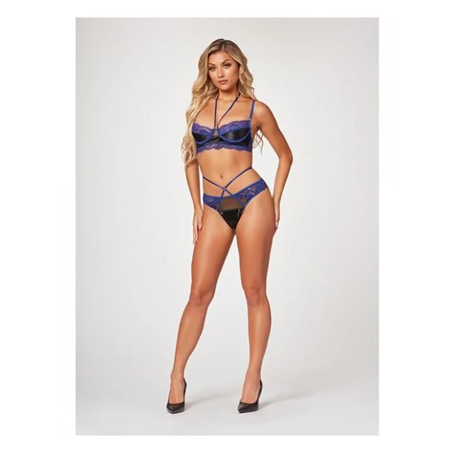 Stretch Satin & Eyelash Lace Demi Cup Bra & Panty Black/blue Md - Fabric & Feel