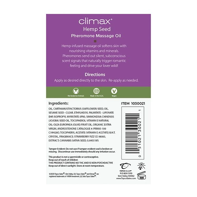 Climax Hemp Seed Pheromon Massage Oil 4oz - Formula & Feel