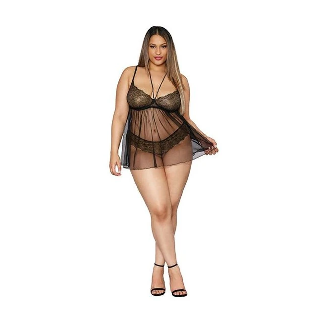Gold Foil Babydoll Stretc Lace & Mesh Black/gold Q/s - Fabric & Feel