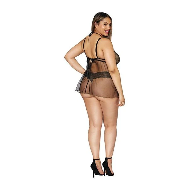 Gold Foil Babydoll Stretc Lace & Mesh Black/gold Q/s - Fit & Sizing