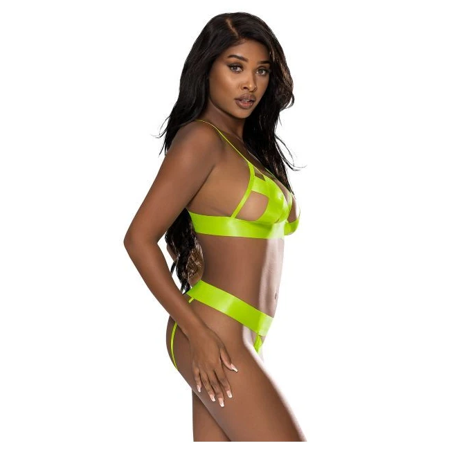 Strap Tease Bra & Crotchl Panty Neon Yellow S/m - Design Details