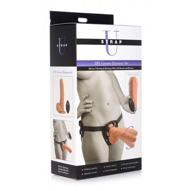 Strap U 10x Groove Silico Vibrating & Rotating Dildo W/ Remote & Harness - Vibration Modes & Features