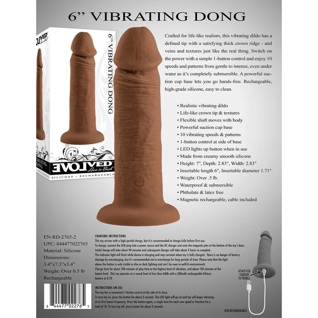 Evolved 6in Girthy Vibrati Dong Dark - Specifications & Materials
