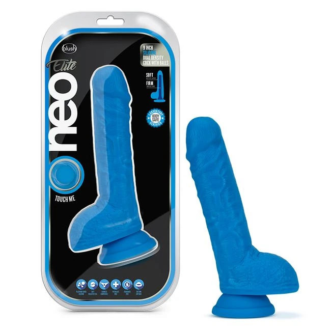 Neo Elite 9in Dual Density Cock /w Balls Neon Blue - Shape & Texture