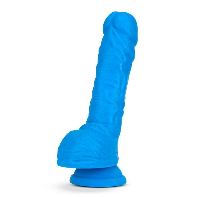 Neo Elite 9in Dual Density Cock /w Balls Neon Blue - Size & Fit