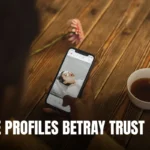 An individual using a dating app on a smartphone with a cup of tea nearby on a wooden table.